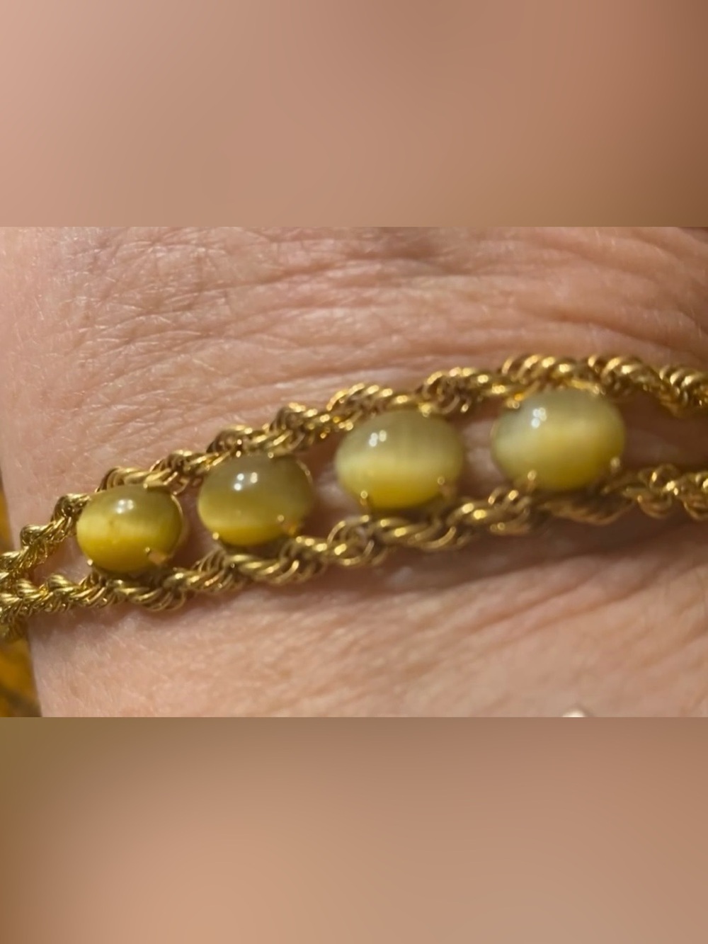 Vintage 12K GF Cat’s Eye Rope Chain Bracelet Mid Century Modern Boho Retro